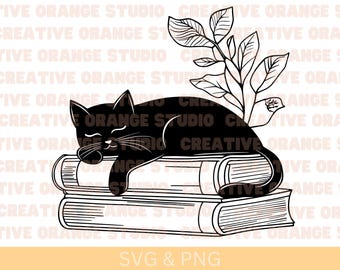 Cat Sleeping on Books SVG & PNG: Silhouette Clipart (Digital Download)