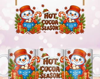 Hot Cocoa Season Schneemann Weihnachtsbecher Wrap PNG - Hot Cocoa Season 15 Unzen 11 Unzen Sublimationsdesign, gemütliche Feiertags-Kakaobecher-Verpackung