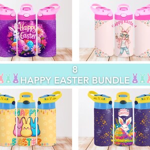 May include: A set of eight water bottles with different Easter-themed designs. The bottles are pink, yellow, and blue with glitter and various Easter bunny and egg designs. The text "Happy Easter" is featured on some of the bottles.