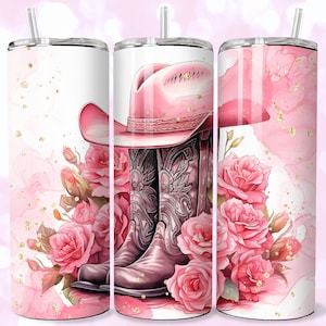 May include: Pink cowboy hat and boots with pink roses and gold glitter on a white background.