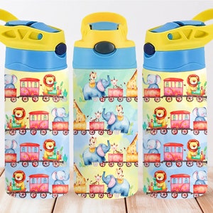 Train and Animals 12oz Kids Flip Top Sippy Cup Tumbler Wrap, 12oz Straight Tumbler Sublimation PNG, Children Trains Tumbler Wrap Design PNG