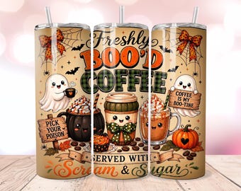 Halloween Coffee 20oz Tumbler Wrap PNG, Kawaii Ghost Coffee Bar Sublimation Design, Scream And Sugar Skinny Tumbler PNG