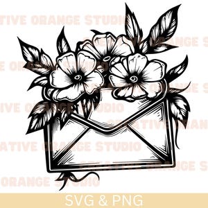 Enveloppe avec des fleurs Svg et Png, enveloppe avec des cliparts de fleurs, image vectorielle d'enveloppe, silhouette d'enveloppe, conception de sublimation de fleurs