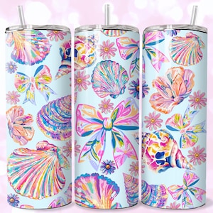 Preppy Coastal Tumbler Wrap, Coquette Seashell and Bow Summer PNG, Colorful Tropical Beach Design, 20oz Skinny Sublimation