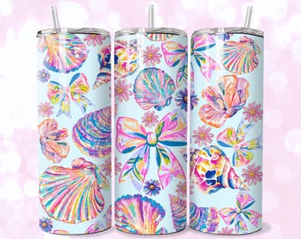Preppy Coastal Tumbler Wrap, Kokietka Muszla i Kokarda Lato PNG, Kolorowy wzór tropikalnej plaży, Cienka sublimacja 20 uncji
