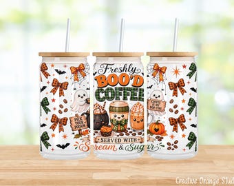 Halloween Coffee 16oz Libbey Glass Can Wrap PNG, Freshly Boo’d Cute Ghost Plaid Bow Sublimation Design(Digital Download)