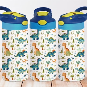 Dinosaurs 12oz Kids Flip Top Sippy Cup Tumbler Wrap, 12oz Straight Tumbler Sublimation PNG, Children Dinosaur Tumbler Wrap Design PNG
