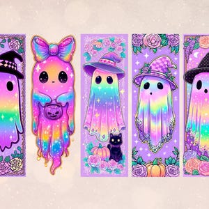May include: A set of five Halloween-themed bookmarks. Each bookmark features a colourful ghost character with a unique design, including witch hats, bows, and a pumpkin. The backgrounds are lavender with floral and star accents.