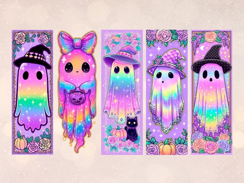 May include: A set of five Halloween-themed bookmarks. Each bookmark features a colourful ghost character with a unique design, including witch hats, bows, and a pumpkin. The backgrounds are lavender with floral and star accents.