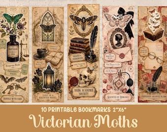 Dark Academia Printable Bookmark Bundle: 10 Gothic Moths and Botanical Designs | Junk Journal PNG JPG | Digital Download