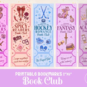 May include: Five vertical rectangular bookmarks featuring distinct themes: Enemies to Lovers, Spicy Readers, Hockey Romance, Fantasy, and Dark Academia. Each bookmark displays thematic illustrations, club titles, and quotes in a colourful, illustrated graphic design style.