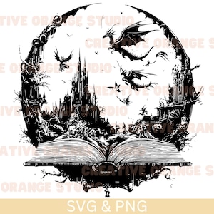 Book,Castle and Dragons Svg & Png,Castle and Dragons Clipart,Dragons Vector Image,Dragons Silhouette, Dragon Sublimation Design, Cut File