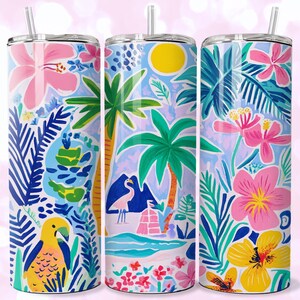 May include: Three stainless steel tumblers with colorful tropical designs. The designs feature palm trees, flowers, and birds. The tumblers are perfect for summer drinks.