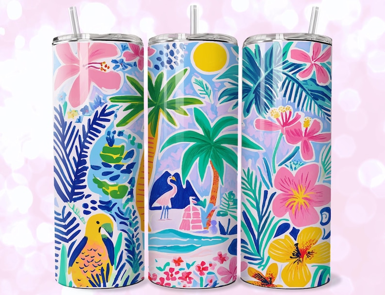 May include: Three stainless steel tumblers with colorful tropical designs. The designs feature palm trees, flowers, and birds. The tumblers are perfect for summer drinks.