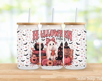 Pink Halloween Vibes 16oz Libbey Glass Can Wrap PNG,Ghost Black Cat Witchy Coffee Sublimation (Digital Download)
