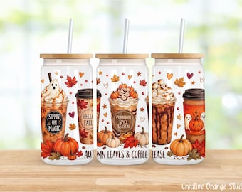 Autumn Leaves and Coffee Please 16oz Libbey Glass Can Wrap PNG, Pumpkin Spice Ghost Fall Sublimation (Digital Download)