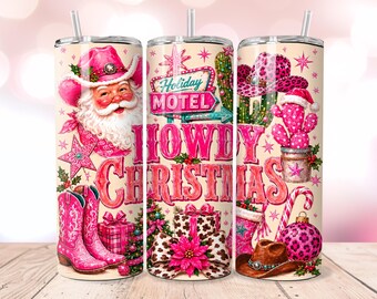 Howdy Christmas 20oz Skinny Tumbler Wrap PNG, Pink Santa Western Cowgirl Leopard Holiday Sublimation, Digital Download