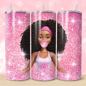 African American Doll Tumbler Wrap: Pink Glitter 20oz Skinny Tumbler (Digital Download PNG)