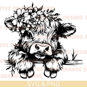 May include: Black and white line art illustration of a Highland cow with a floral crown. The cow is looking at the viewer with its head tilted slightly to the side. The cow's hooves are resting on a branch.