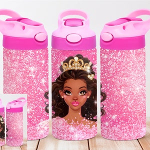 African American Black Doll 12oz Kids Flip Top Sippy Cup Tumbler Wrap,12oz Straight Tumbler Sublimation PNG,Children Tumbler Wrap Design PNG
