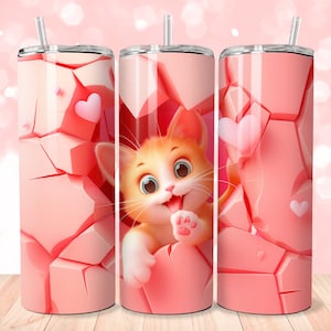 3D Cute Kitty Hearts Hole in the Wall 20 oz Skinny Tumbler Sublimation Design, Straight & Tapered Tumbler Wrap, Instant Digital Download PNG