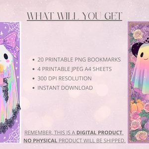 K&ouml;nnte beinhalten: Digitaler Download mit zwei illustrierten Lesezeichen mit Geisterfiguren. Ein Geist h&auml;lt eine Kerze, der andere tr&auml;gt einen karierten Hut. Das Bild enth&auml;lt den Text "WHAT WILL YOU GET" und Details zum digitalen Produkt.