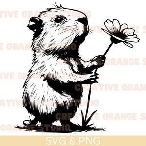 May include: A black and white line drawing of a small animal, possibly a rodent, holding a flower. The animal is standing on its hind legs and has a flower in its front paws.