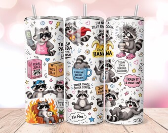Funny Raccoon 20oz Skinny Tumbler Wrap PNG, Silly Trash Panda Coffee Collage, Feral Chaos Straight Tapered Sublimation