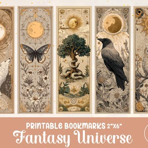 Puede incluir: Cinco marcapáginas rectangulares con ilustraciones en beige y marrón de un lobo, una mariposa, un árbol con una serpiente, un cuervo y un búho. El texto dice PRINTABLE BOOKMARKS 2"X6" Fantasy Universe 20. Incluye motivos celestiales.