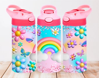 3D Rainbow and Flowers 12oz Kids Flip Top Sippy Cup Tumbler Wrap, 12oz Straight Tumbler Sublimation PNG,Children Tumbler Wrap Design PNG