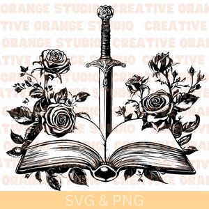 Book with Sword and Roses Svg & Png, Book and Sword Clipart, Books and Flowers Vector Image, Book Silhouette, Sublimation Design