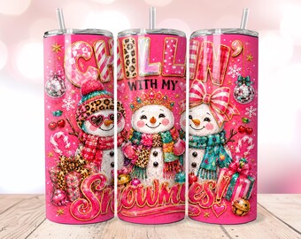 Chillin With My Snowmies 20oz Skinny Tumbler Wrap PNG, Pink Snowman Christmas Leopard Print Sublimation, Digital Download