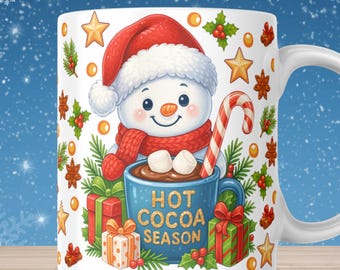 Hot Cocoa Season Schneemann Weihnachtstasse Wrap PNG - Hot Cocoa Season 15 Unzen 11 Unzen Sublimationsdesign, Schneemann Mug Wrap