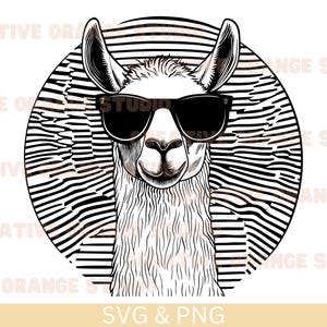 May include: A black and white illustration of a llama wearing sunglasses. The llama is centered in front of a striped background. The image includes the text "SVG & PNG".