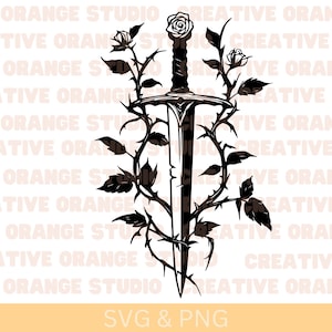 May include: A black silhouette of a sword piercing through a thorny rose bush. The sword has a cross guard and a pointed tip. The rose bush has several leaves and thorns. The image is a graphic design.