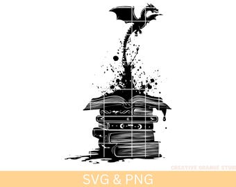 Drago volante e libri SVG: Clipart fantasy, sagoma di drago (download digitale)