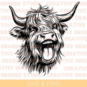 Vaca de las Tierras Altas divertida (SVG y PNG), clipart de vaca adorable, imagen vectorial de vaca de las Tierras Altas cantando, silueta de vaca, diseño de sublimación, archivo de corte de animal de granja