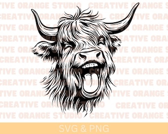 Funny Highland Cow SVG PNG: Singing Cow Clipart, Farm Animal Cut File