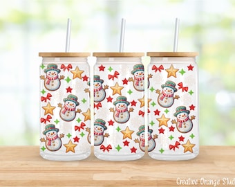 Christmas Glass Can Wrap : Snowman Design PNG, 16oz Glass Can (Digital Download)