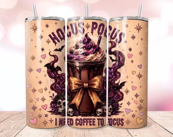Hocus Pocus Coffee 20oz Skinny Tumbler Wrap PNG, Witchy Halloween Skull Bow, Purple Spooky Straight Tapered Sublimation
