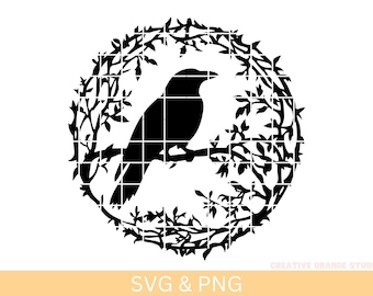 May include: Black and white silhouette of a crow perched on a branch in a circular wreath of leaves.