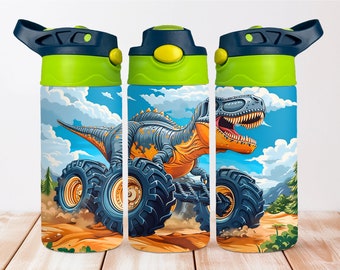 Monster Truck Dinosaur 12oz Tumbler Wrap: Kids Sippy Cup Design (PNG)