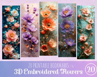 Embroidered Flowers 3D Bookmark Bundle (PNG Digital File)