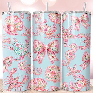 Preppy Coastal Seashell Bow Tumbler Wrap, Tropical Summer PNG (Digital Download)