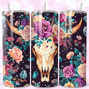 Flowers Cow Skull 20oz Skinny Tumbler Wrap, Sublimation Design, Digital Download PNG, Country Western Tumbler Wrap PNG, Country Tumbler png