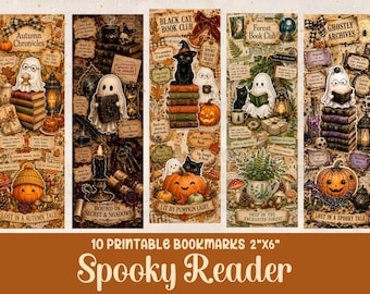 Halloween Printable Bookmark Bundle: 10 Cozy Ghost and Spooky Bookish Designs |  Vintage Junk Journal PNG JPG | Digital Download