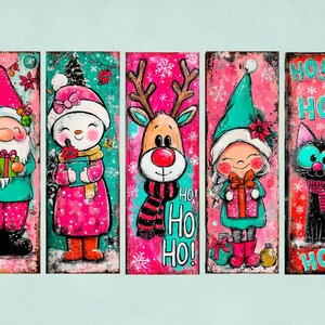 May include: Five vertical Christmas-themed panels with whimsical illustrations. A gnome, snowman, reindeer, girl, and cat are depicted, each holding gifts or wearing festive attire. The panels feature a pink and teal color scheme with the text "HO! HO! HO!"