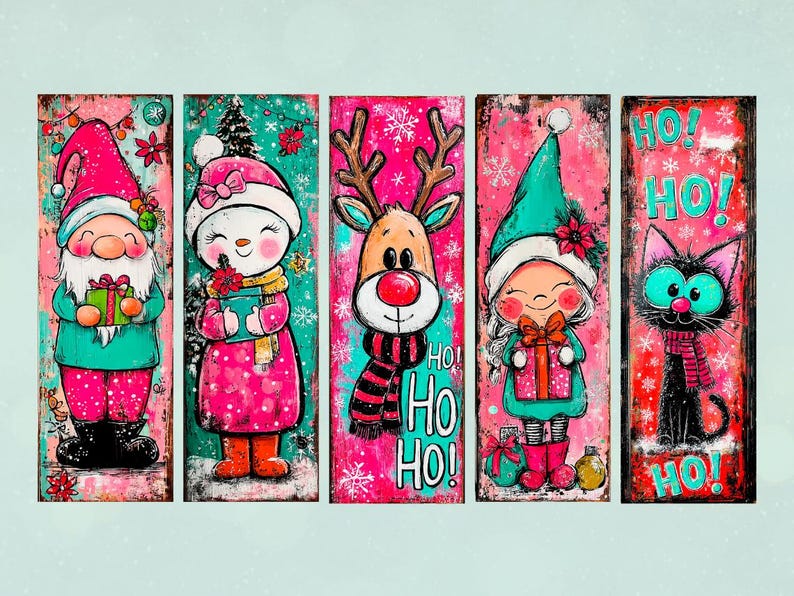 May include: Five vertical Christmas-themed panels with whimsical illustrations. A gnome, snowman, reindeer, girl, and cat are depicted, each holding gifts or wearing festive attire. The panels feature a pink and teal color scheme with the text "HO! HO! HO!"