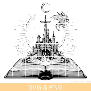 Book,Castle,Sword Dragons Svg & Png,Castle and Dragons Clipart,Dragons Vector Image,Dragons Silhouette, Dragon Sublimation Design, Cut File