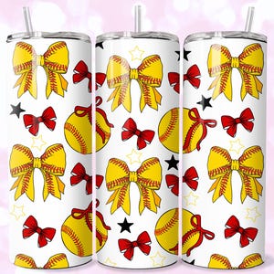 May include: Three white stainless steel tumblers with a pattern of yellow and red softball bows, baseballs, and stars.